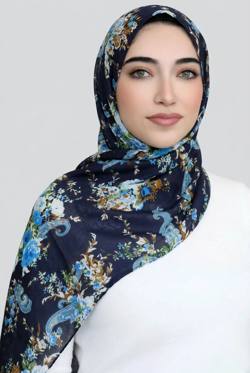 Paisley Burst Chiffon Hijab-Blue