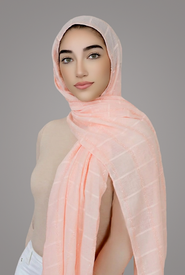 Shimmer Lines Embroidered Hijab-Peach