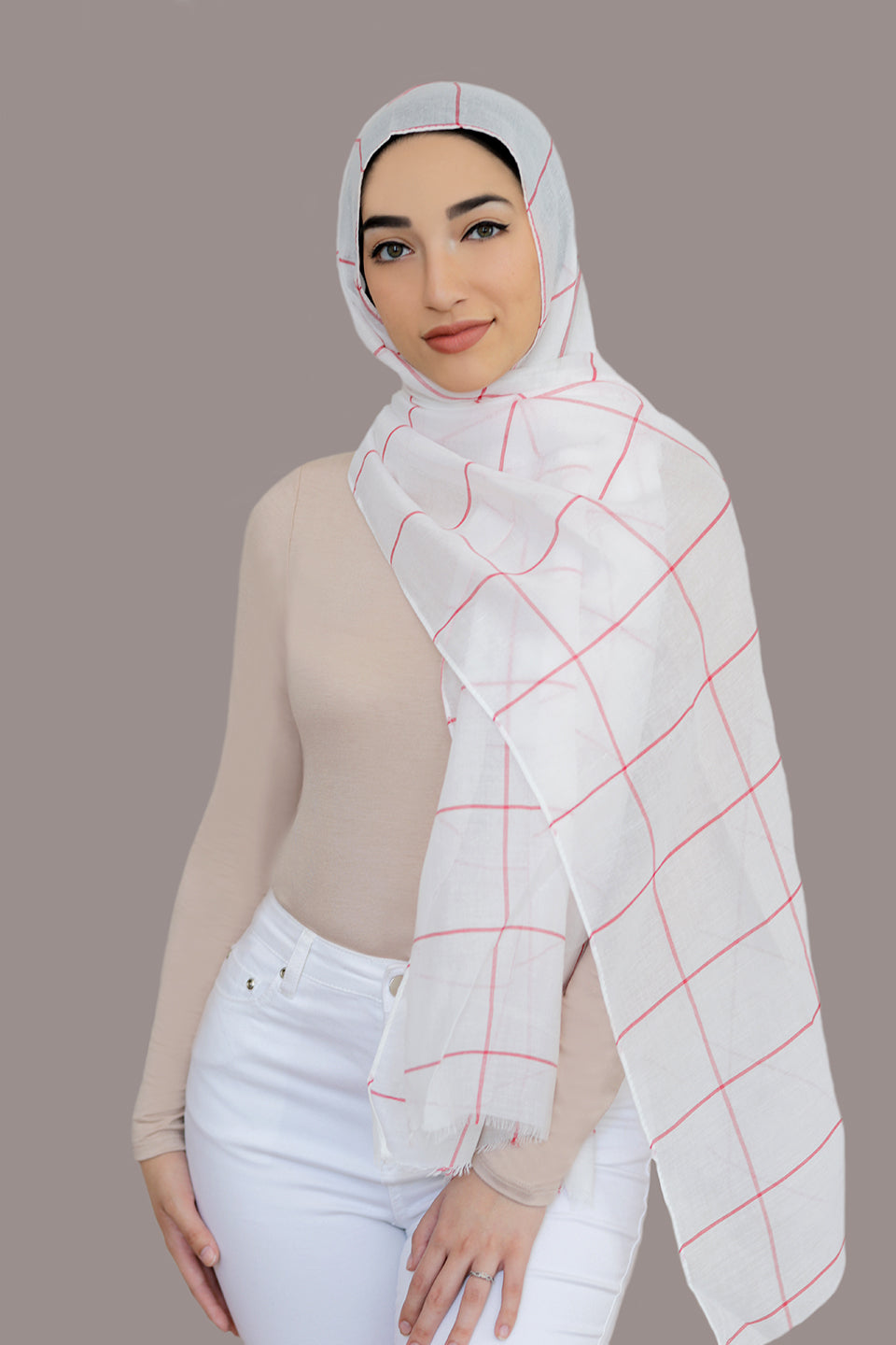 Check Print Light Hijab-White Red