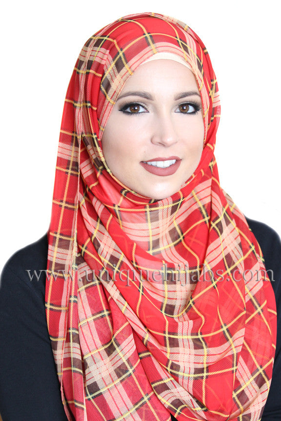 Plaid Chiffon Hijab-Red