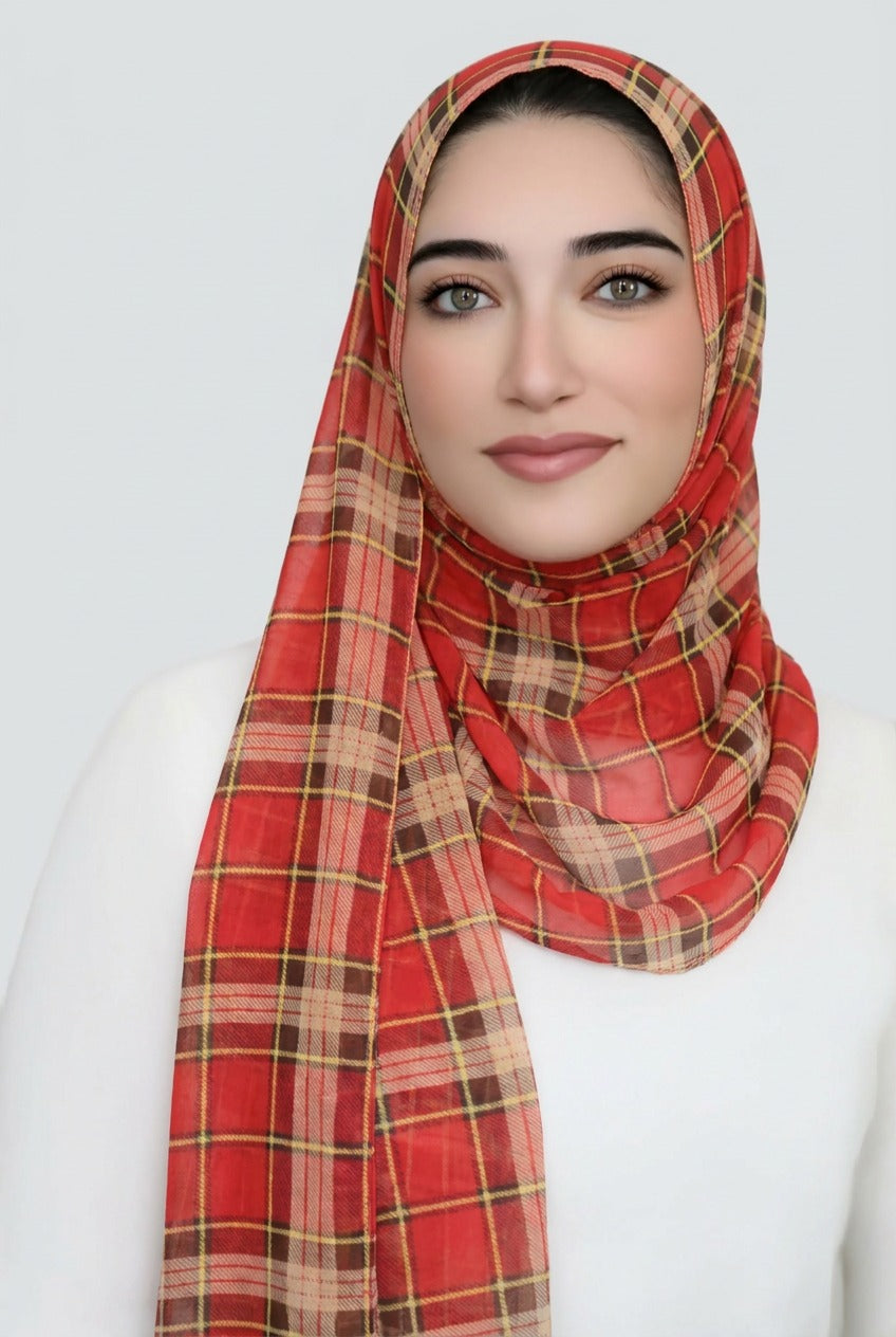 Plaid Chiffon Hijab-Red