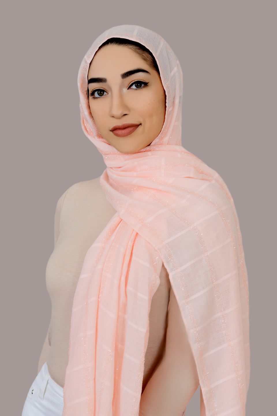 Shimmer Lines Embroidered Hijab-Peach