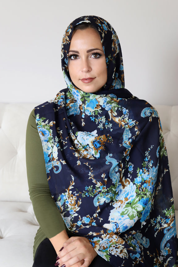 Paisley Burst Chiffon Hijab-Blue