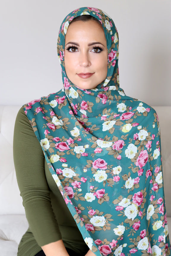 Oblong Hijab Floral-Turquoise