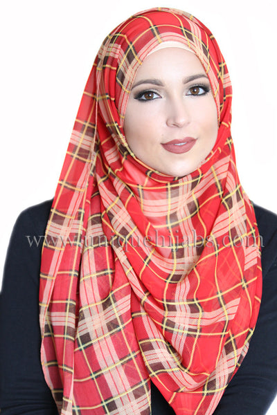 Plaid Chiffon Hijab-Red