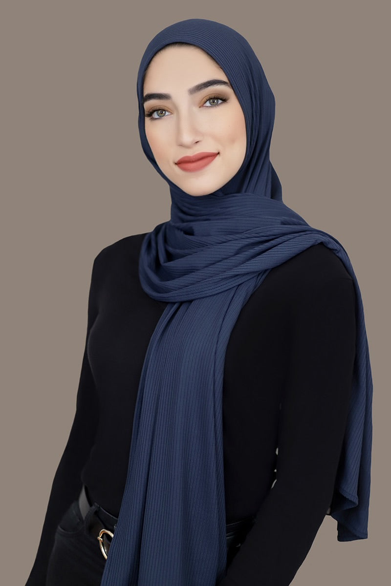 Ribbed Jersey Hijab-Navy